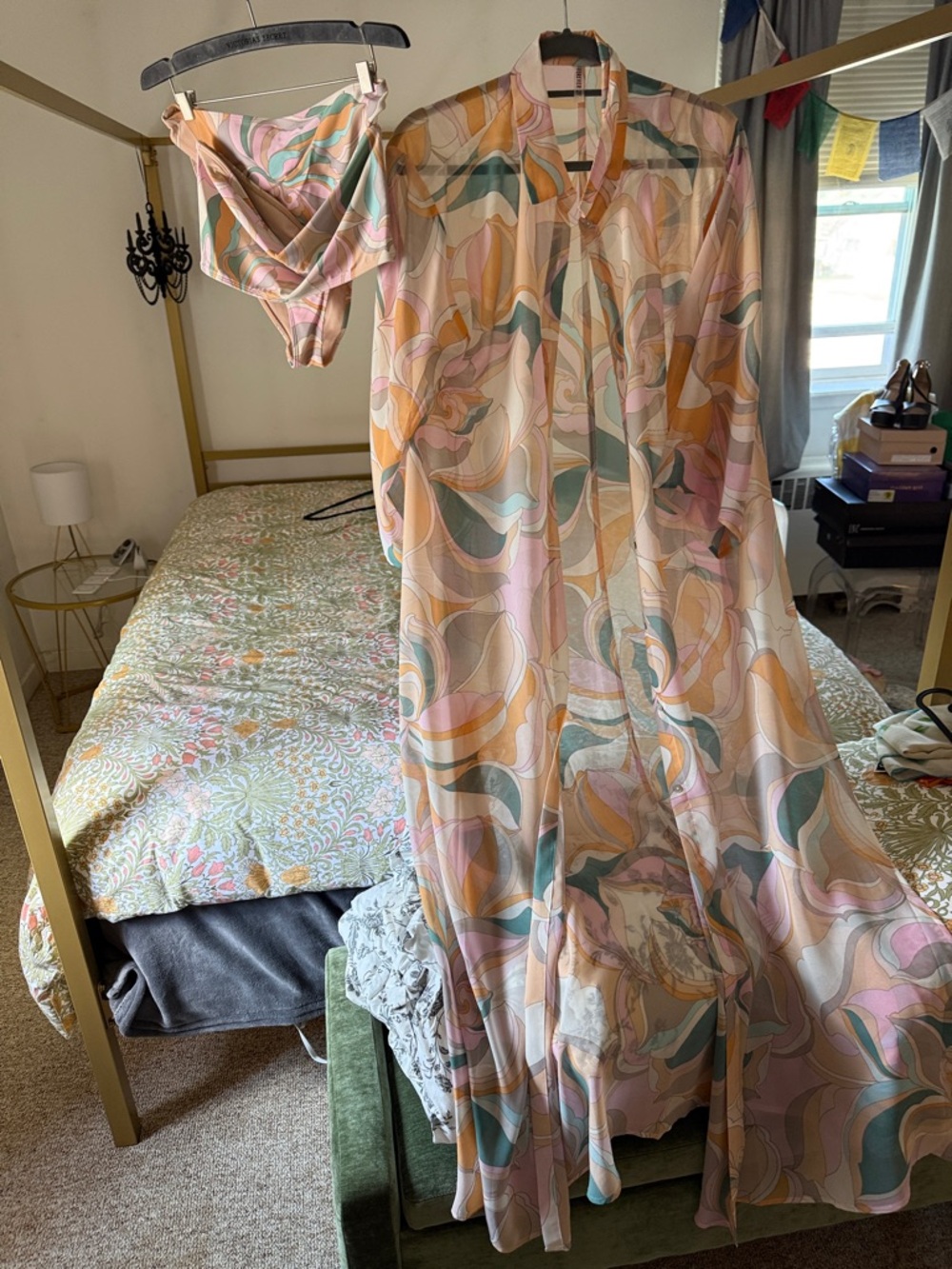Forever 21 Pastel Swirl Sheer Bikini Cover-Up & Bikini Set - Pink, Peach, Green